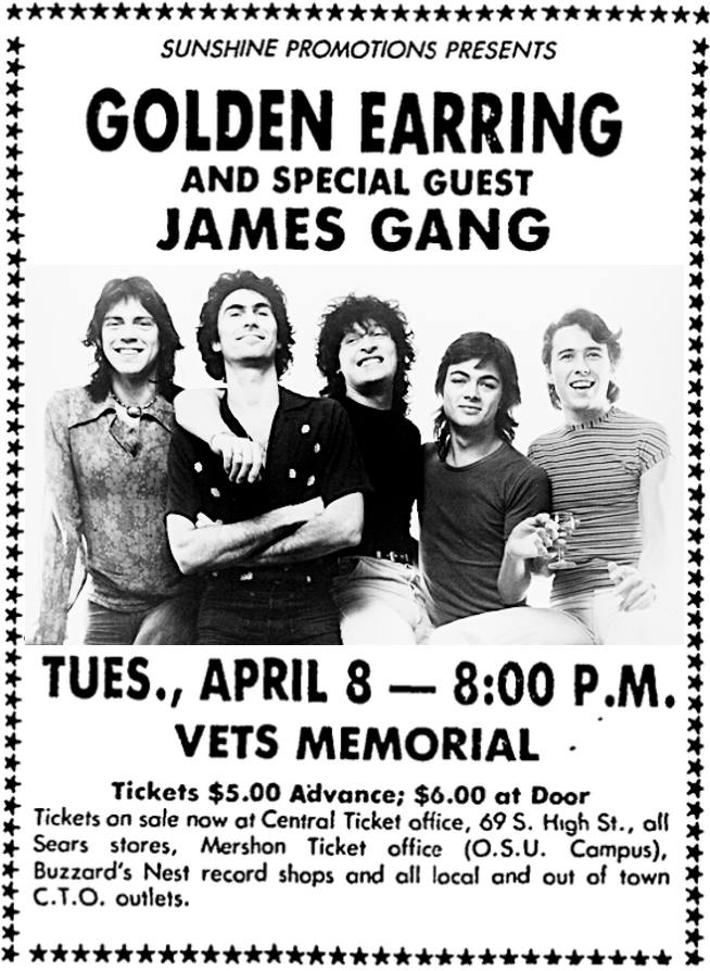 Golden Earring concert ad April 08 1975 Columbus - Veterans Memorial Auditorium.